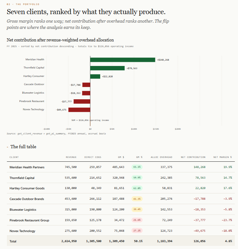 Sample analytical briefing: client portfolio ranked by net contribution after overhead allocation, showing seven clients with revenue, gross margin, and profitability metrics.
